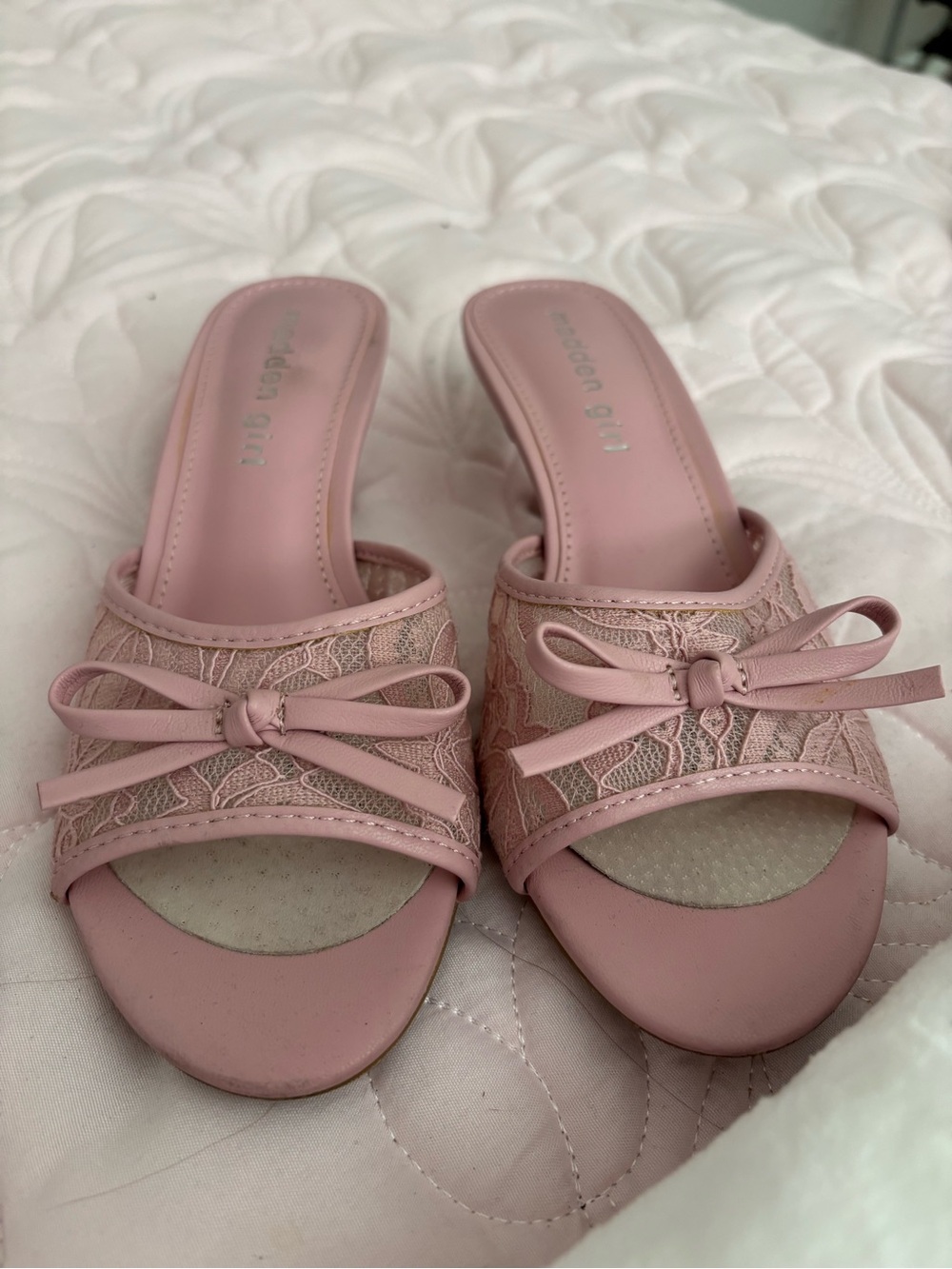 Madden Girl Pink Lace Bow Slide Heels